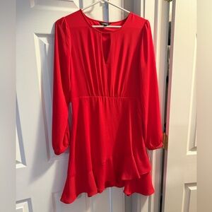 Express Bright Red Long Sleeve Dress with Ruffle Hem